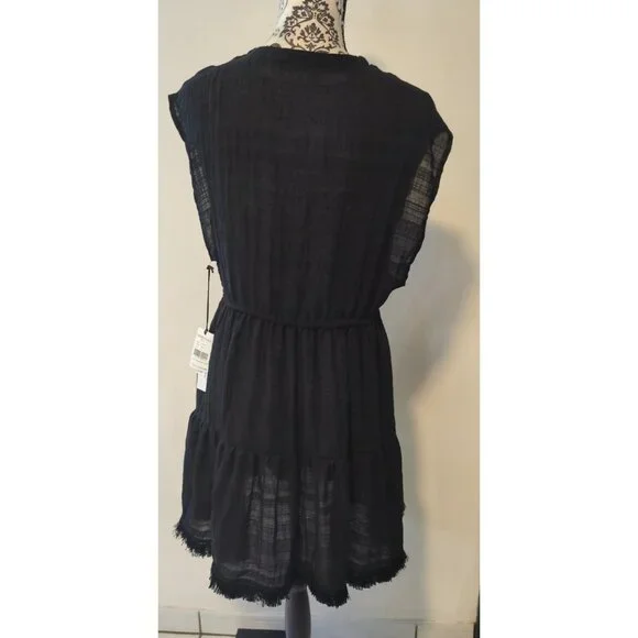 Robin Piccone Natalie Black Cover-Up Dress Drawstring Waist Fringe Hem Medium - Picture 7 of 7
